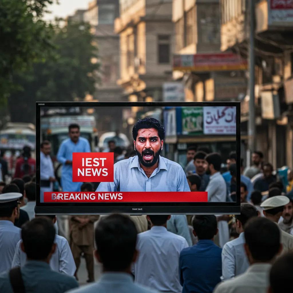 Breaking news alert on television with people reacting in a busy street