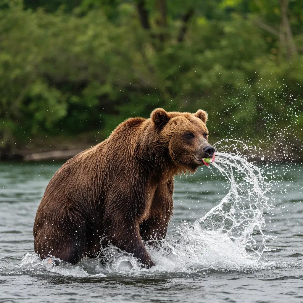 Brown bear fishing in Kamchatka river during salmon run, showcasing local wildlife