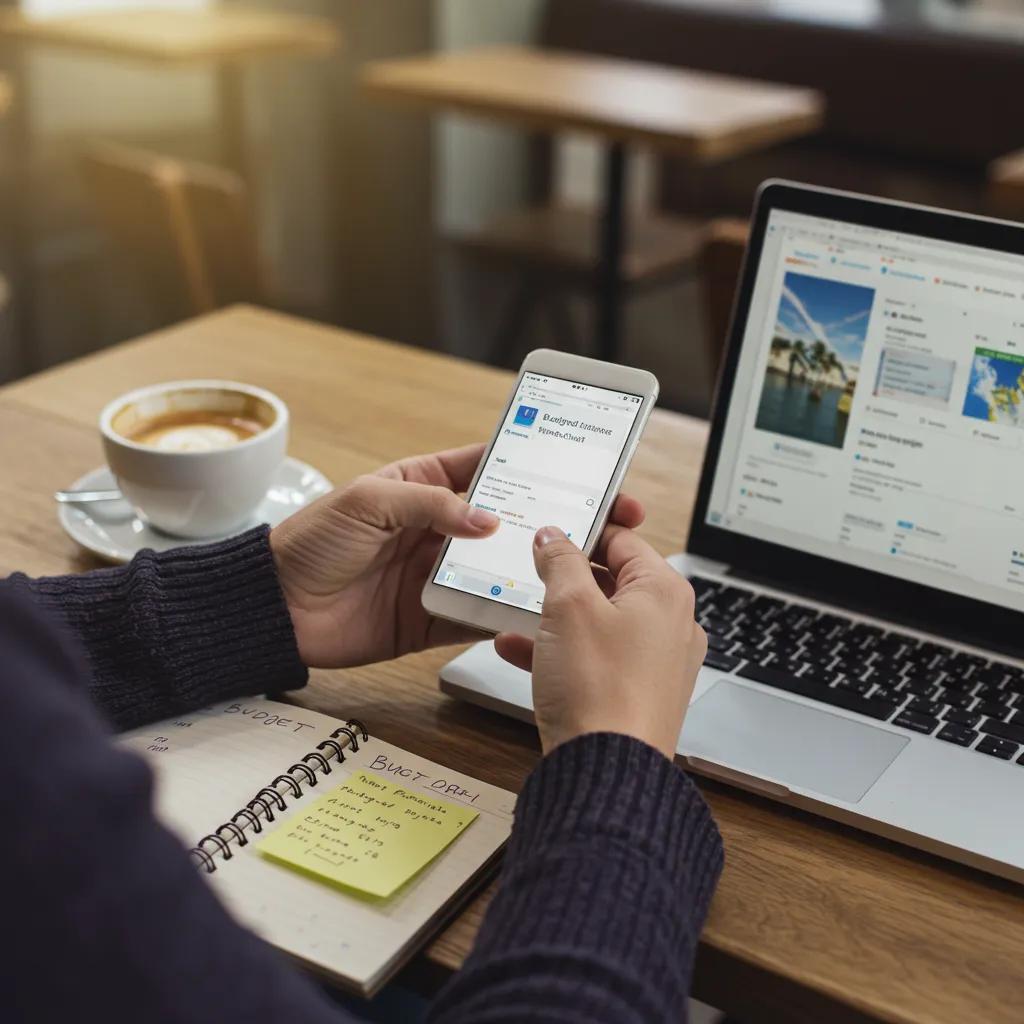 Budget-conscious traveler comparing flight prices on a smartphone at a café