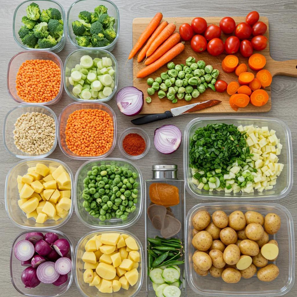 Budget-friendly vegetarian meal prep with lentils, potatoes, and seasonal vegetables