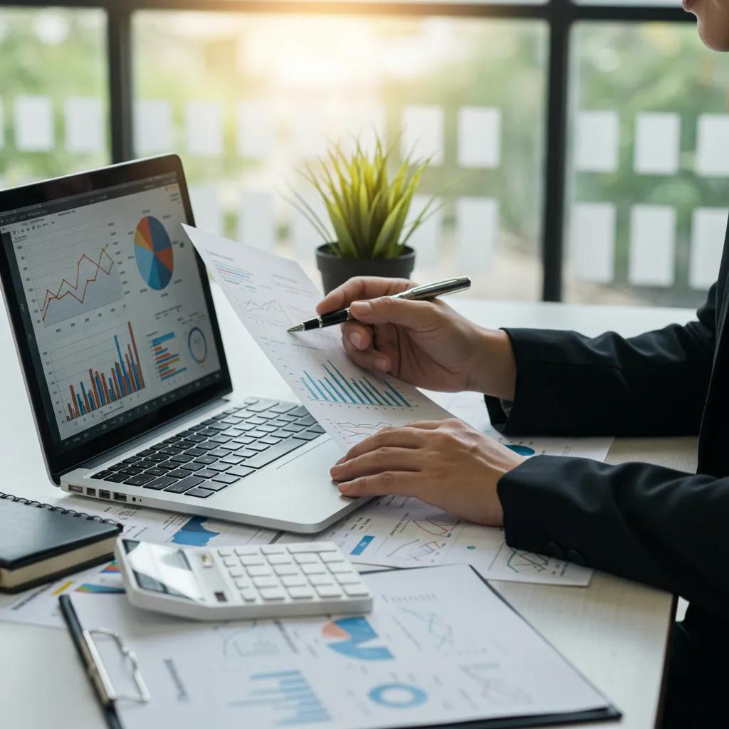 Business analyst reviewing corporate earnings reports with graphs and financial documents in a modern office