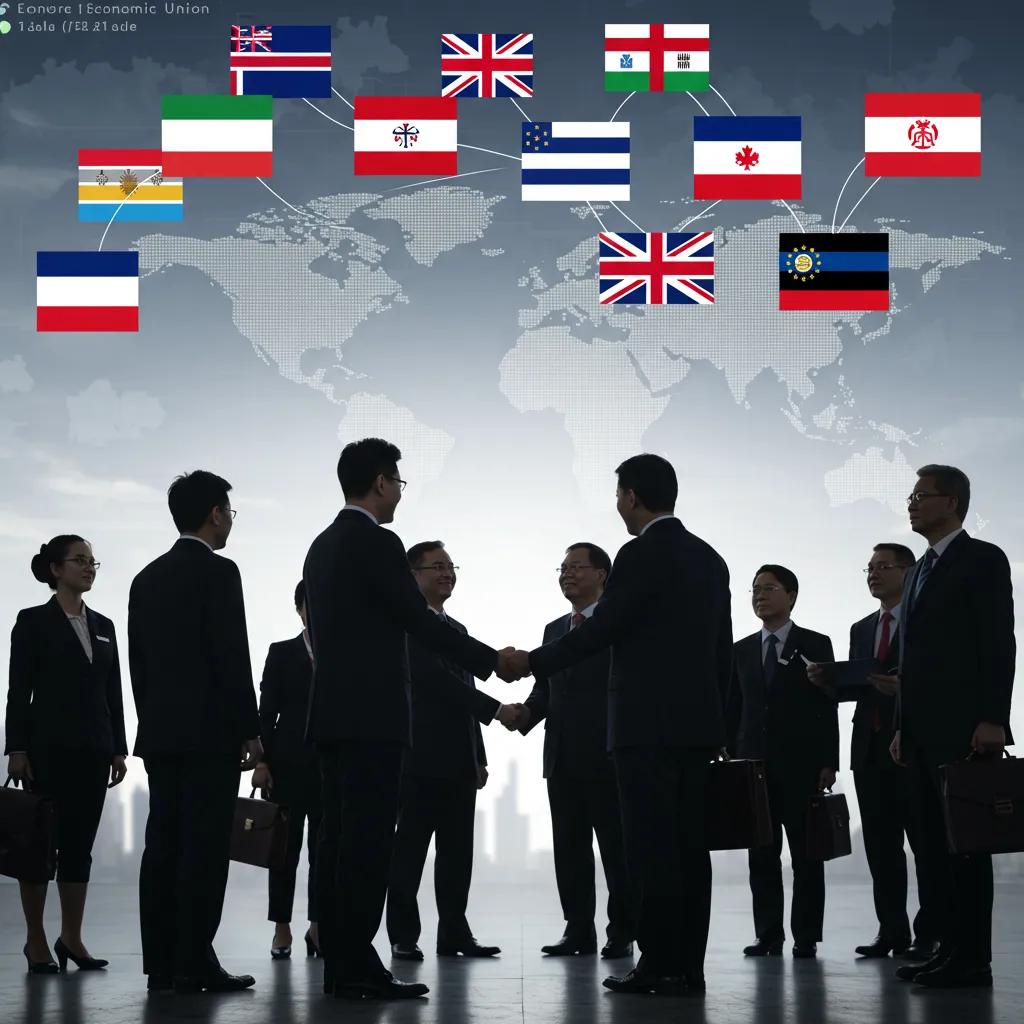 Business leaders from various countries shaking hands, symbolizing the deep integration and collaborative spirit fostered by economic unions in global trade.