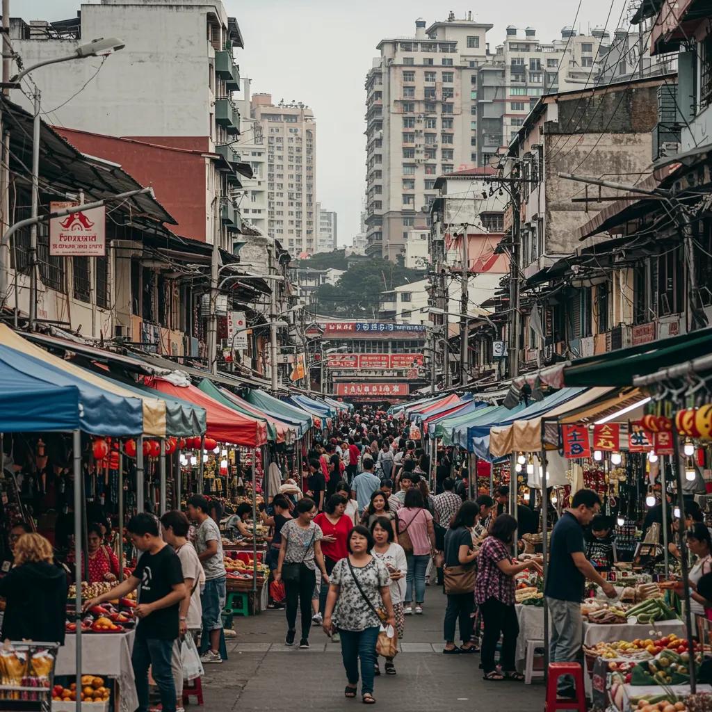 Bustling market scene in an emerging Asian city representing economic growth