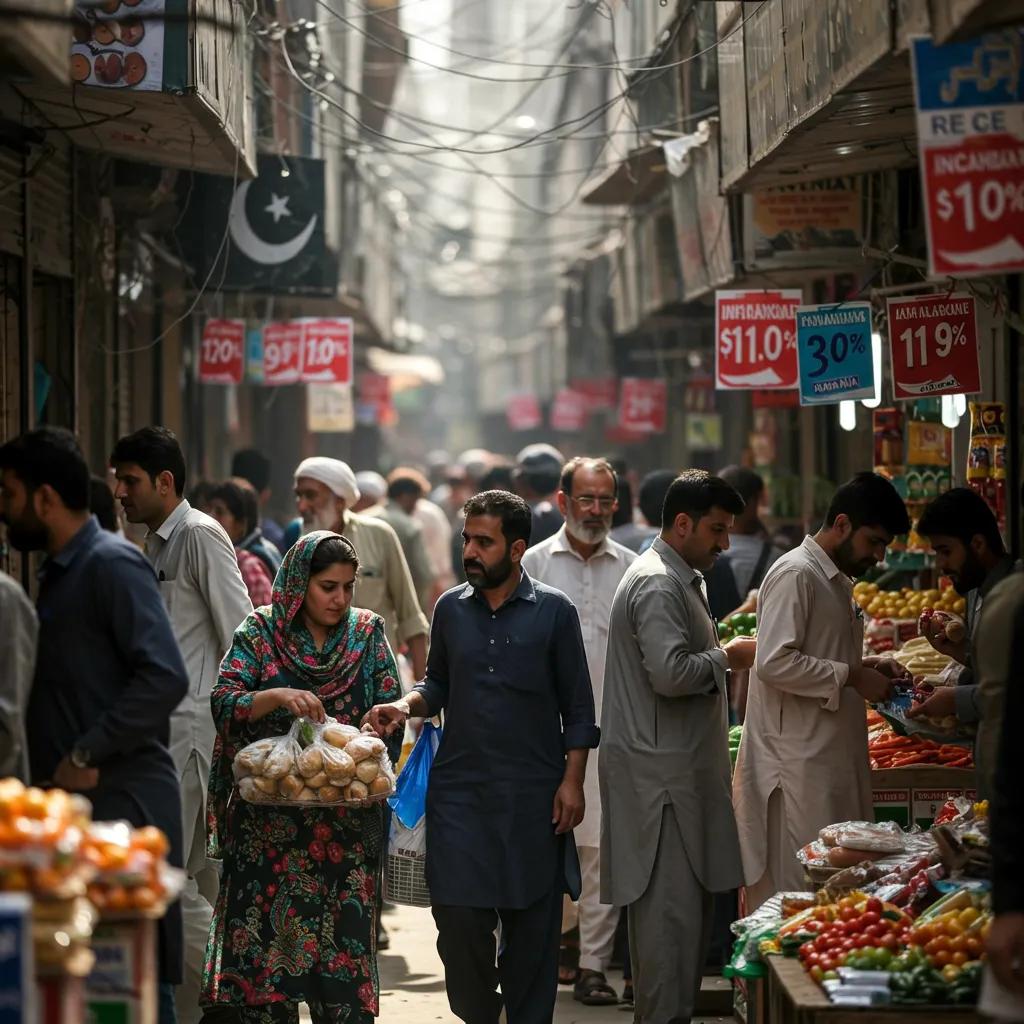 Bustling market scene in Pakistan showing signs of inflation and economic challenges faced by households