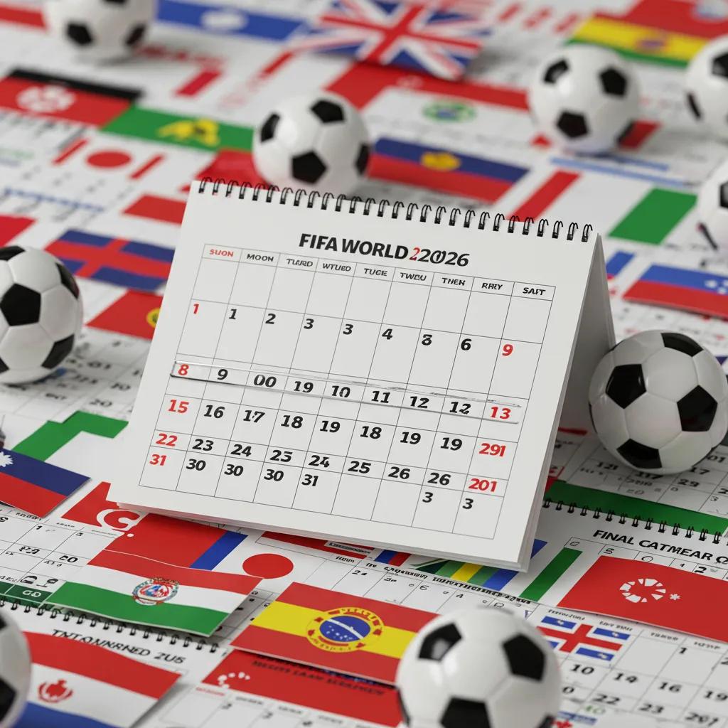 Calendar highlighting key dates for the FIFA World Cup 2026, surrounded by footballs and national flags