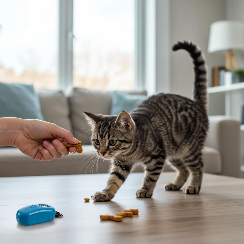 Cat performing a trick during a positive reinforcement training session with owner