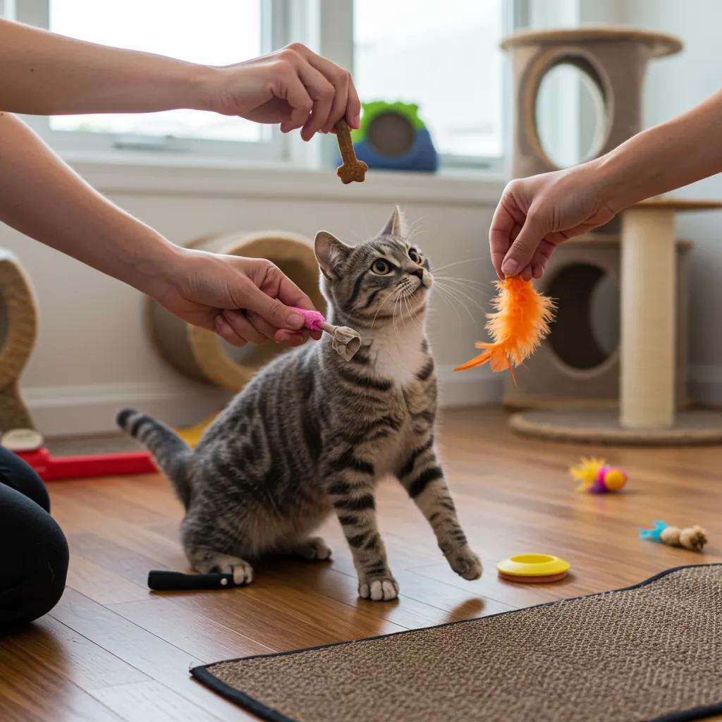 Cat training session with owner using treats and toys, illustrating solutions for common cat behavior problems