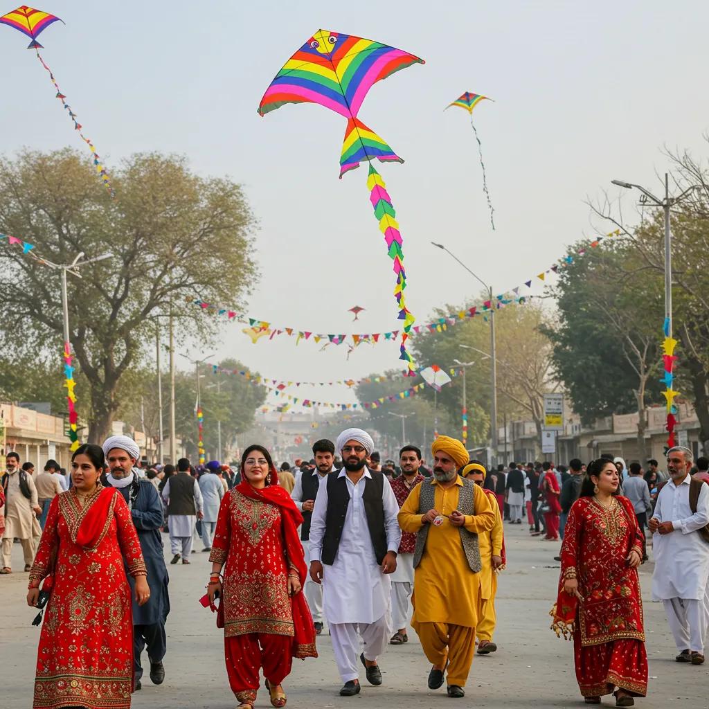 A vibrant Basant festival celebration in Pakistan, featuring colorful kites and traditional attire, a true showcase of local culture