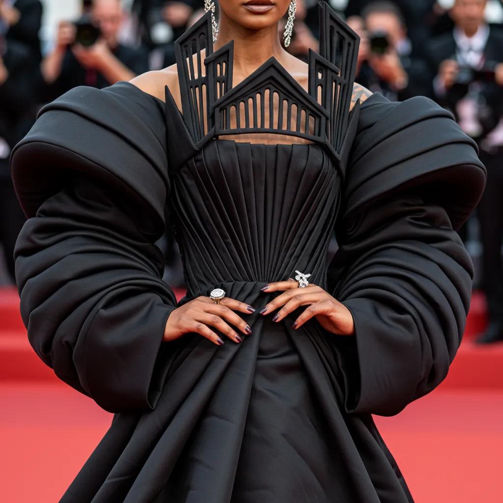 Celebrity in an avant-garde gown showcasing exaggerated silhouettes and architectural details on the red carpet