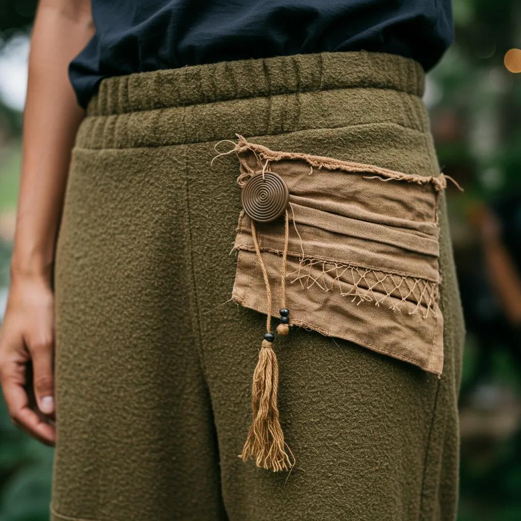 Celebrity showcasing sustainable fashion with eco-friendly materials and artisanal details, emphasizing modern trends