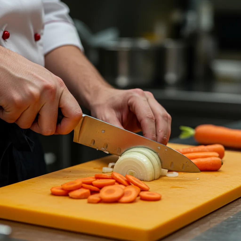 Chef demonstrating essential knife skills with vegetables on a cutting board, emphasizing proper technique