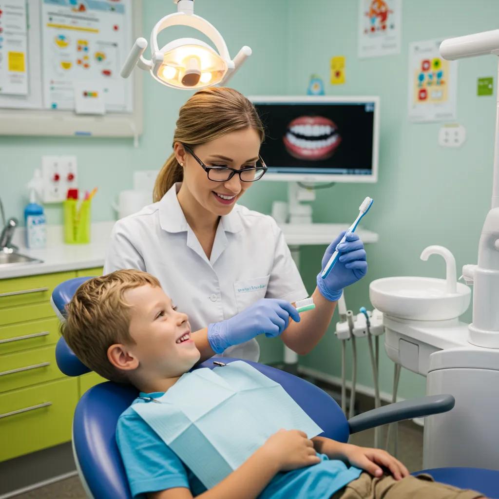 Child at a dental check-up with a friendly dentist demonstrating brushing techniques