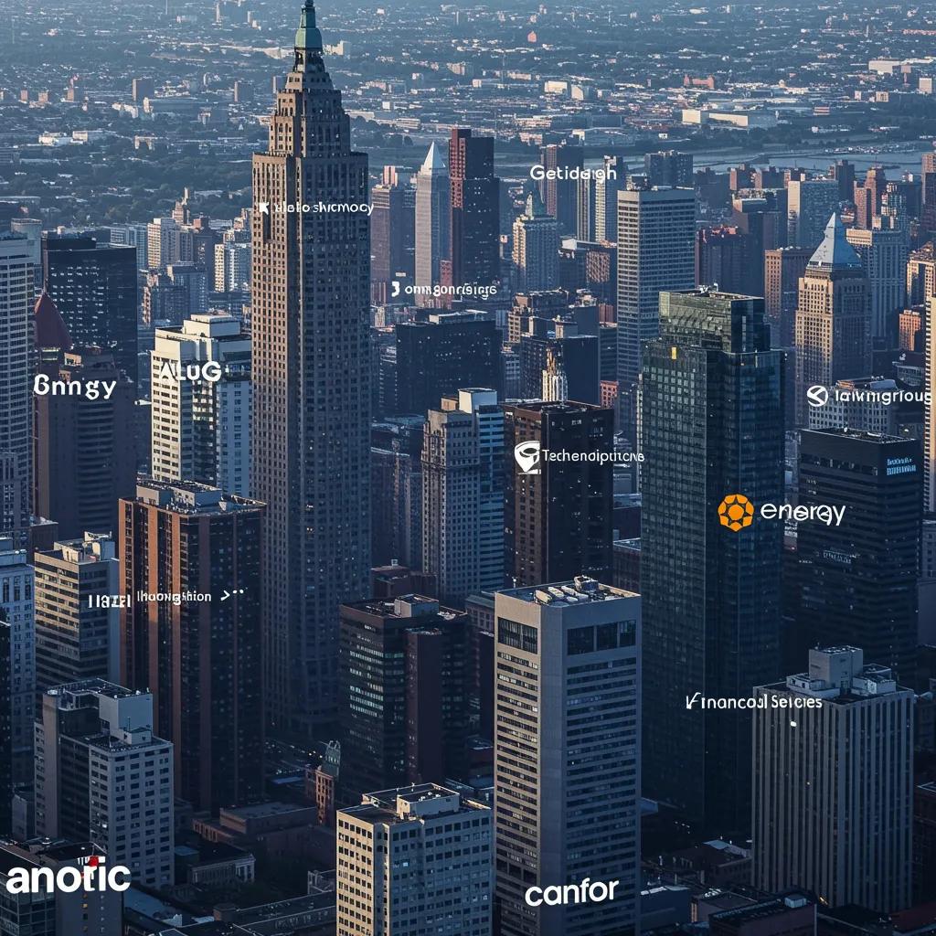 City skyline representing leading industries in mergers and acquisitions, including technology and energy