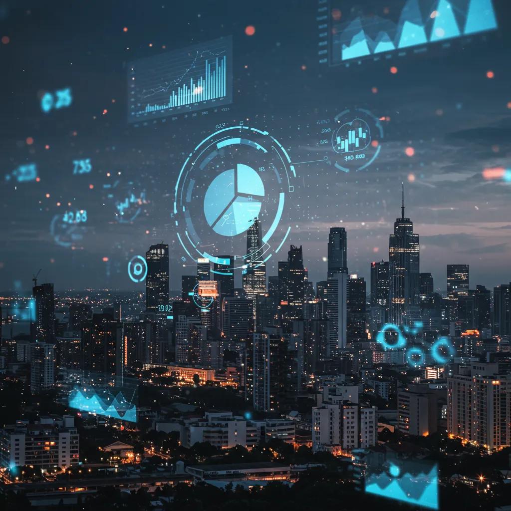 City skyline with digital data streams illustrating the impact of big data on economic and social change