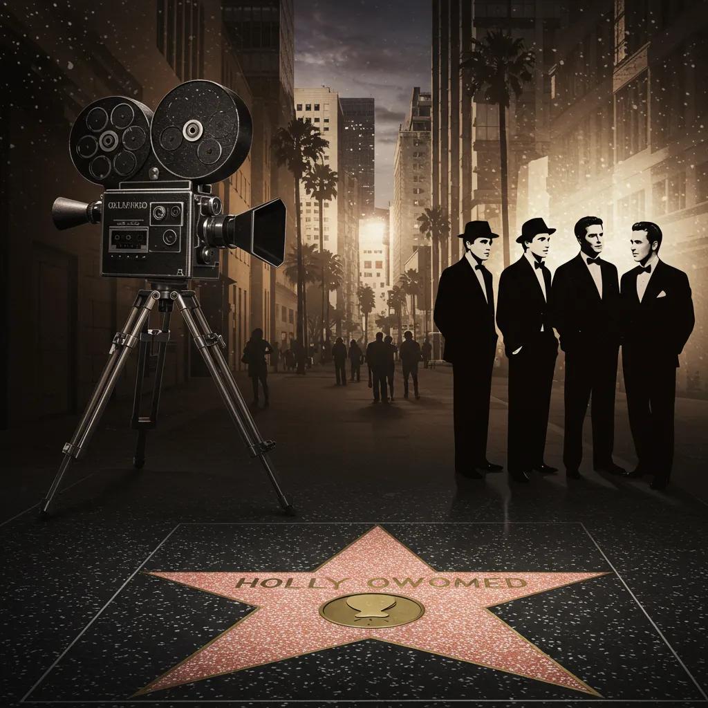 Classic Hollywood scene featuring a vintage film camera and a star on the Walk of Fame, symbolizing legendary actors