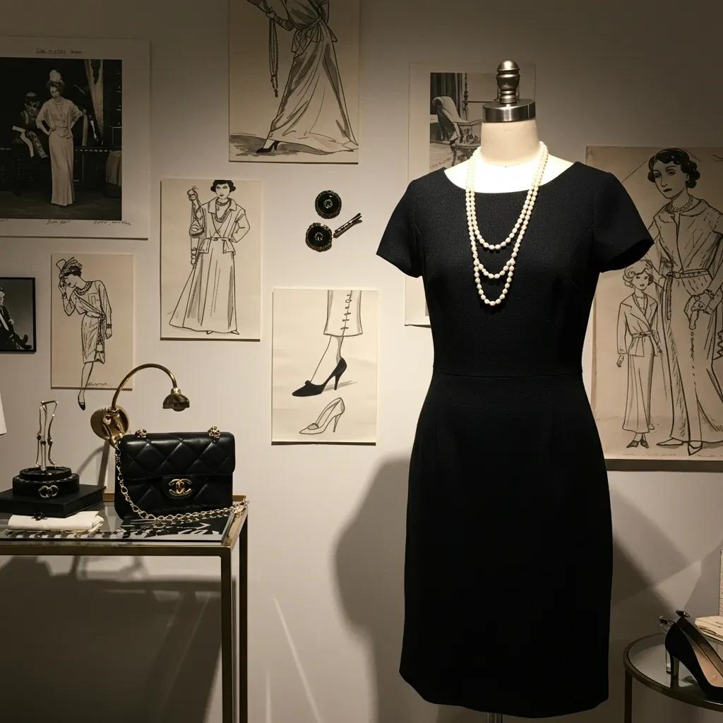 Classic little black dress on a mannequin, surrounded by vintage fashion sketches, symbolizing Coco Chanel's fashion legacy