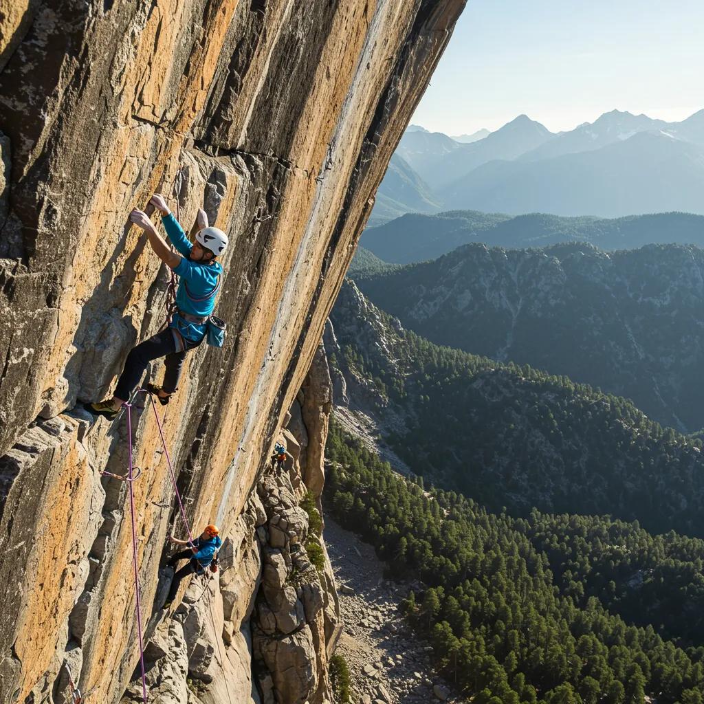 Climbers engaged in big-wall climbing on a steep cliff, showcasing extreme adventure travel