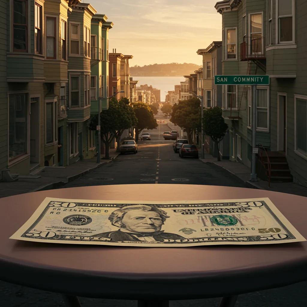 Close-up of a $40 bill in a San Francisco neighborhood setting