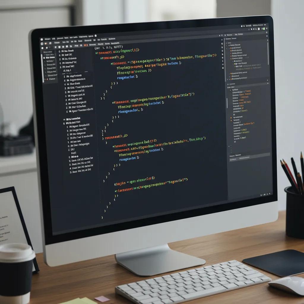 Close-up of a computer screen with code snippets for front-end frameworks in a creative workspace