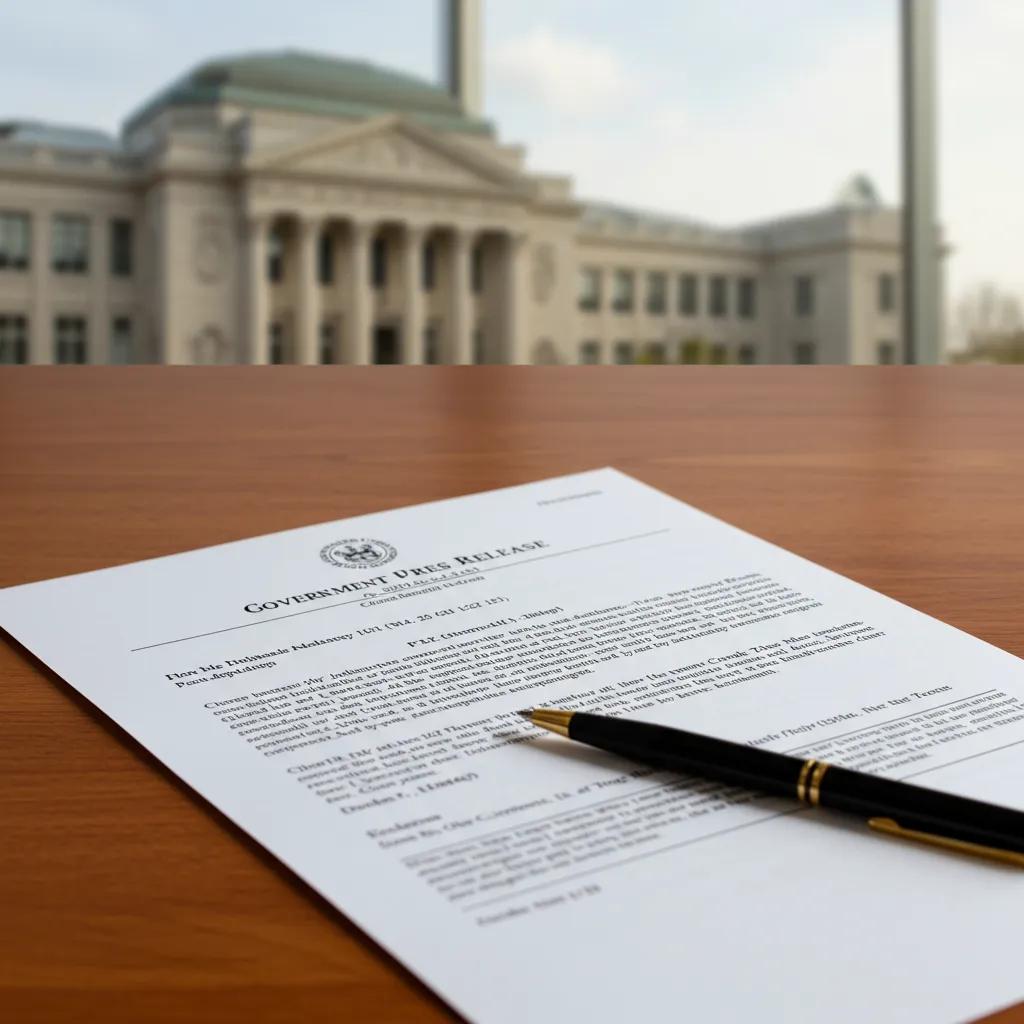 Close-up of a government press release document on a desk with a pen, representing official announcements