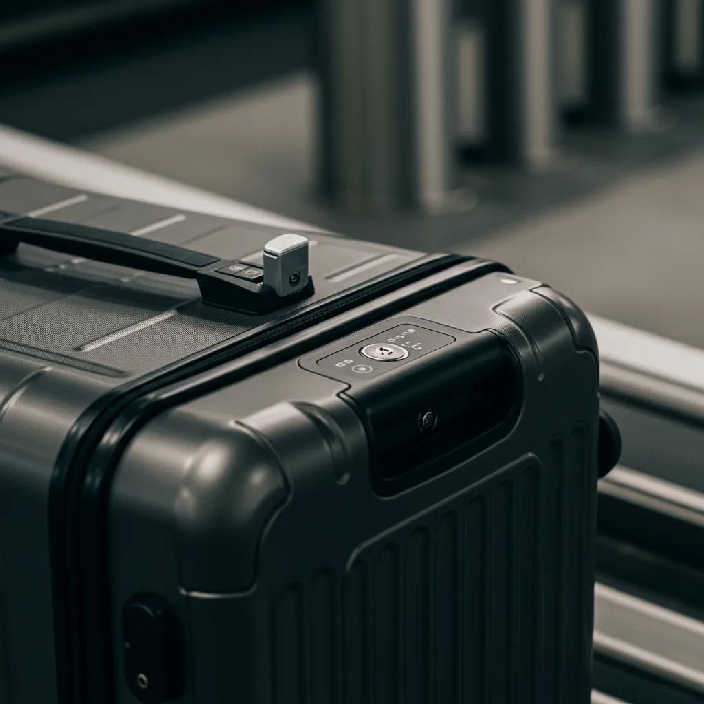 Close-up of a modern smart suitcase with GPS tracking and biometric locks in a travel setting
