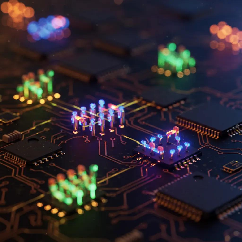 Close-up of a quantum circuit board with colorful quantum gates, highlighting advanced quantum computing technology