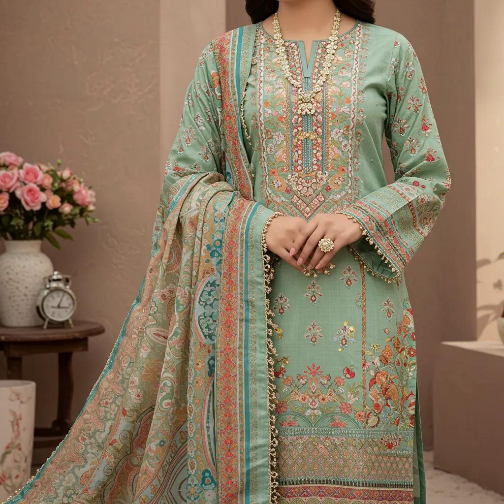 Close-up of a stylish shalwar kameez with embroidery and accessories, representing trending traditional attire in Pakistan