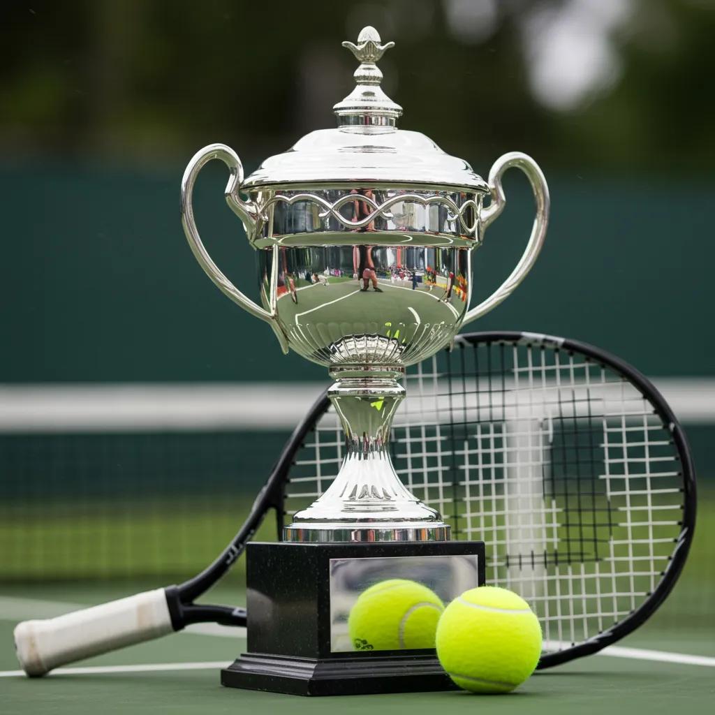 Close-up of a tennis trophy, racket, and ball symbolizing achievement in tennis