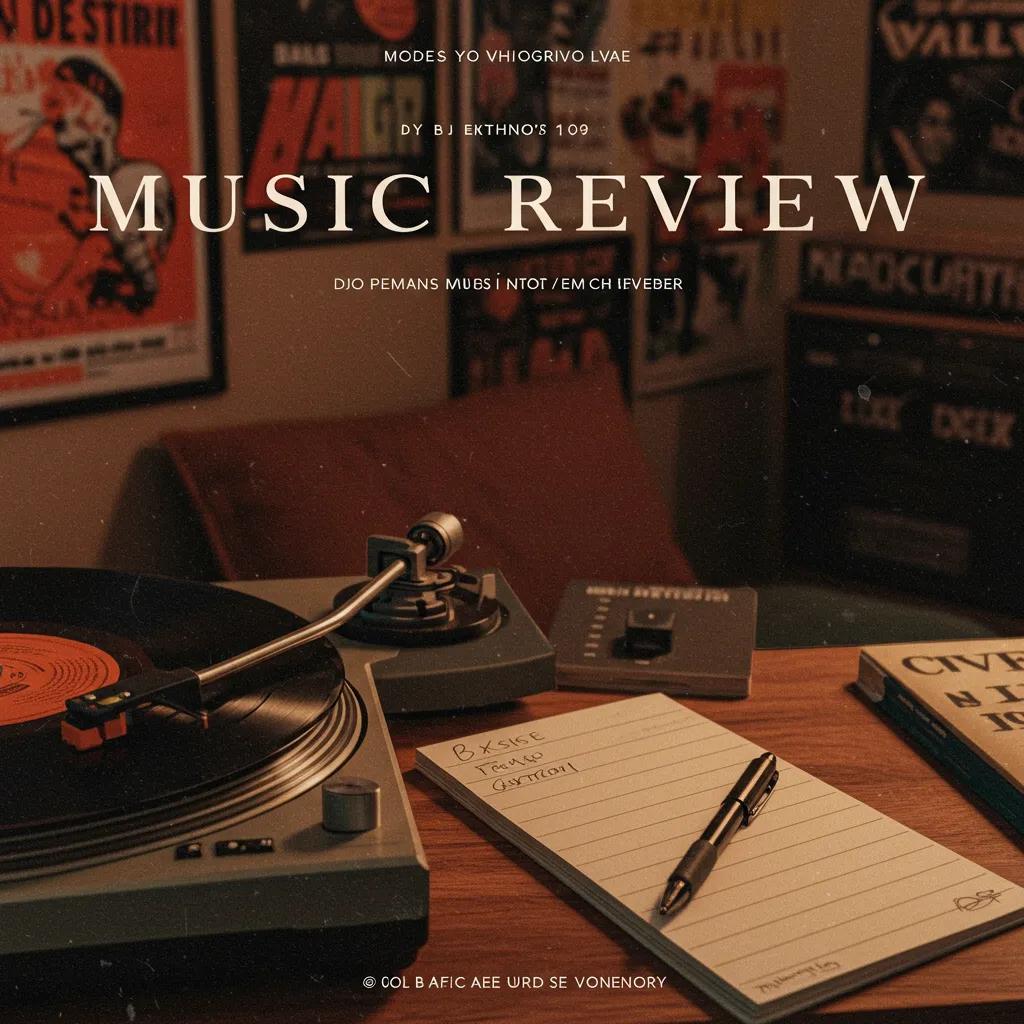 Close-up of a vinyl record on a turntable with a notepad and pen in a cozy music review setting