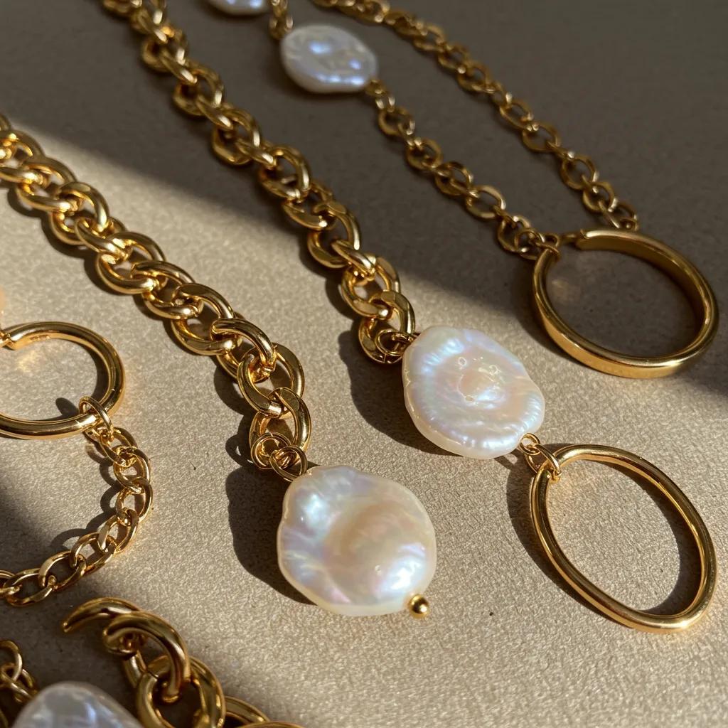 Close-up of chunky gold and mixed-metal jewelry showcasing modern styles and craftsmanship