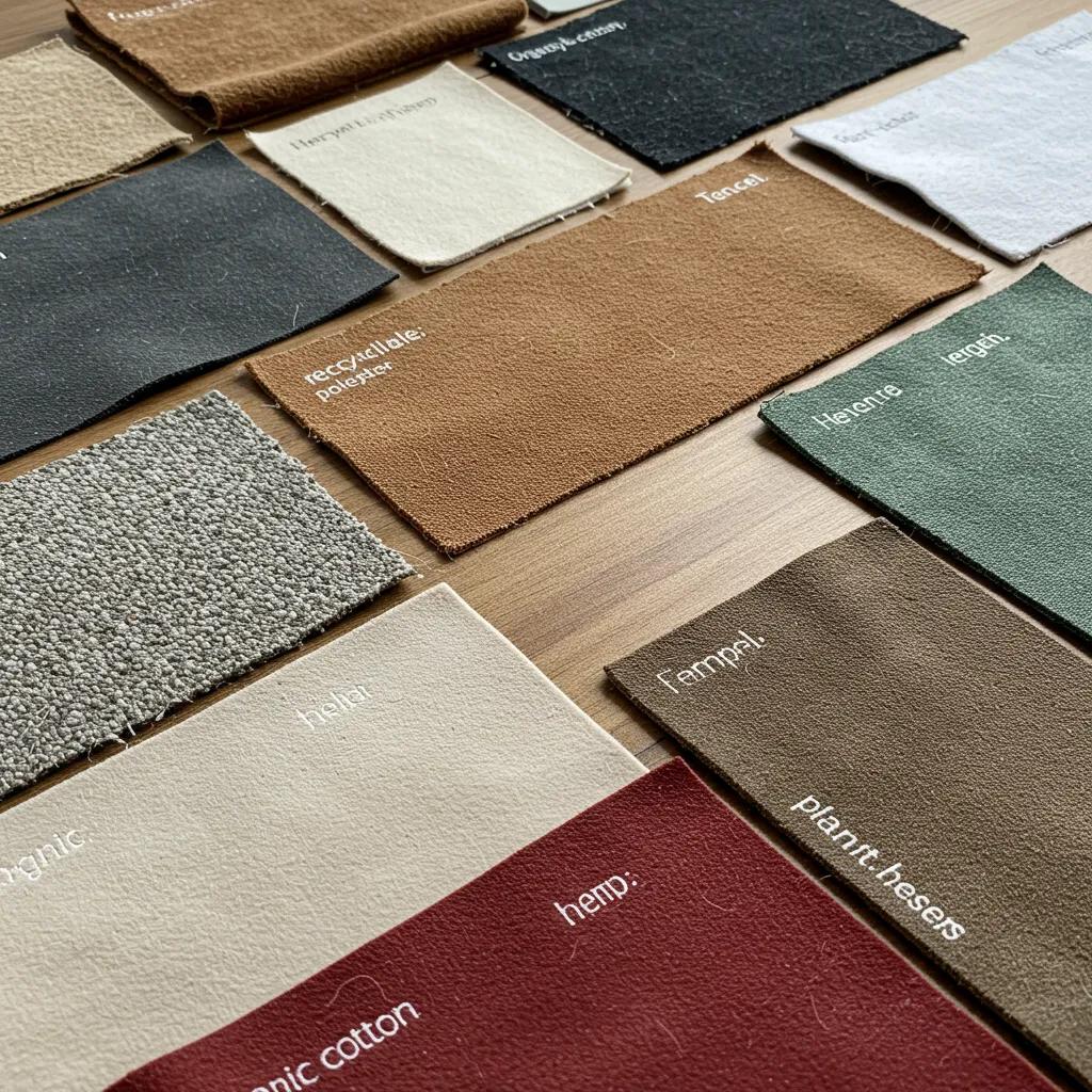 Close-up of eco-friendly materials including organic cotton, recycled polyester, and hemp, highlighting sustainable fashion options