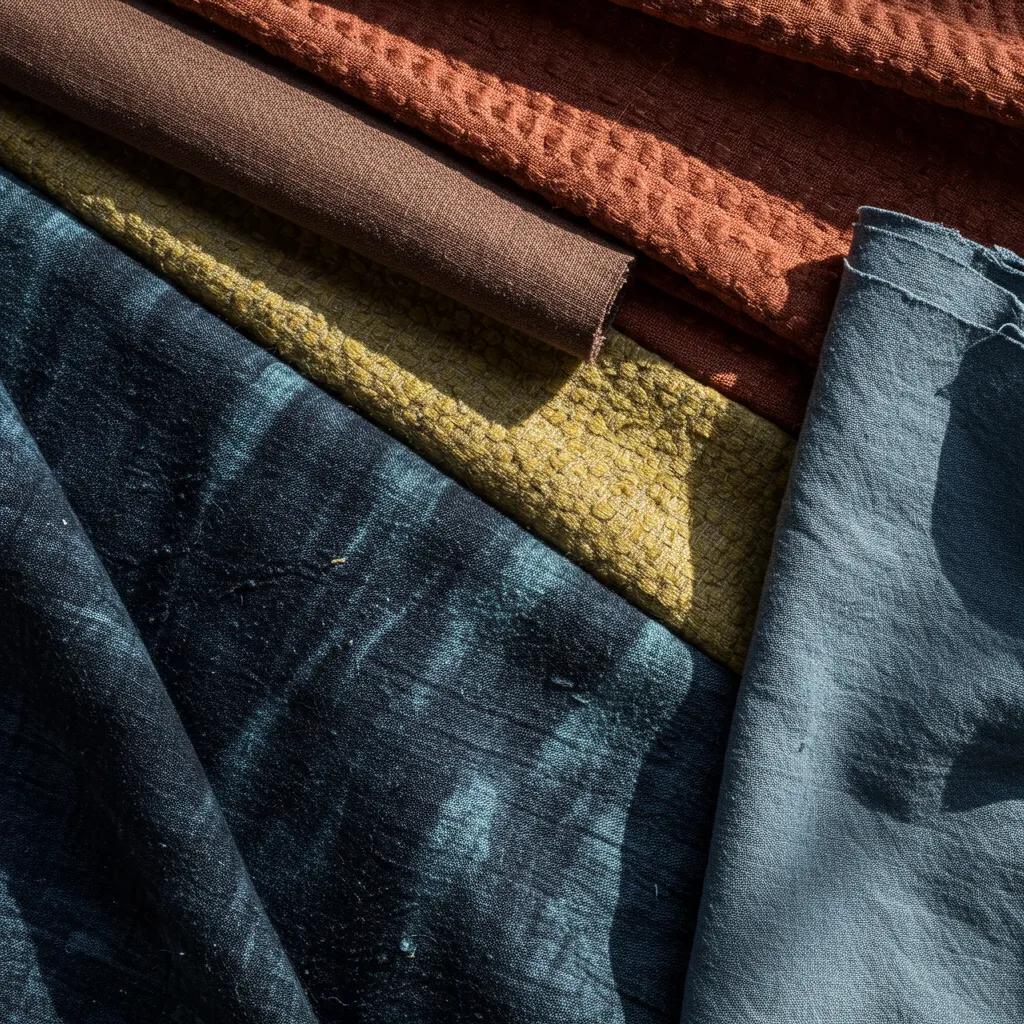 Close-up of sustainable fashion materials showcasing regenerated textiles and low-impact dyes