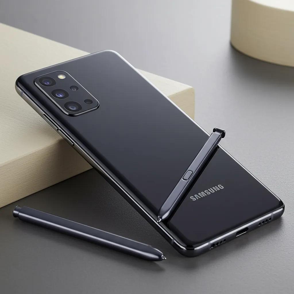 Close-up of the Samsung Galaxy S25 Ultra showcasing its multi-lens camera system and stylus on a stylish surface.