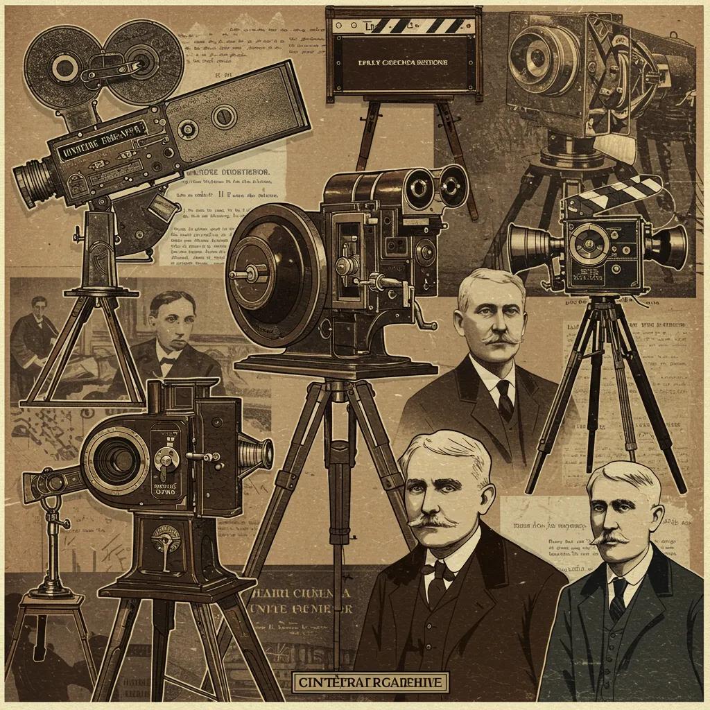 Collage of early cinema innovations and pioneers, showcasing historical film equipment and filmmakers