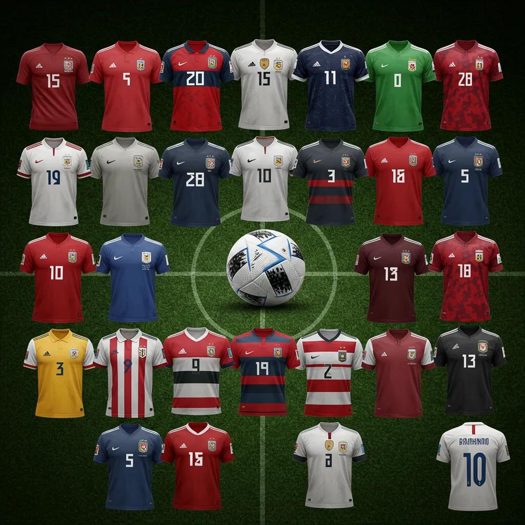 Collage of football jerseys from teams qualified for the FIFA World Cup 2026, representing international diversity