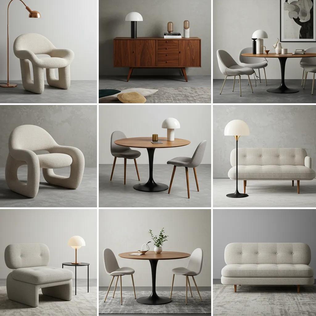 Collage of furniture styles including biomorphic modernism, retro revival, and minimalist designs in a stylish interior