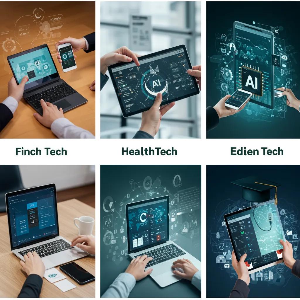 Collage of images representing leading tech industries in Pakistan: fintech, AI, healthtech, and edtech, highlighting their impact on the startup ecosystem.