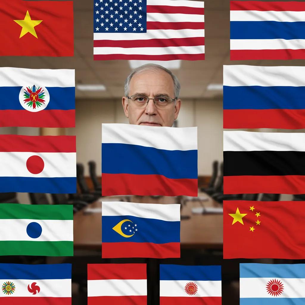 Collage of international flags representing reactions to U.S. nuclear testing announcements, symbolizing global diplomatic discussions