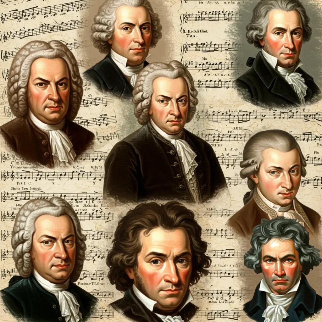 Collage of portraits of influential composers like Bach, Mozart, and Beethoven against a backdrop of musical notes, showcasing their legacy.