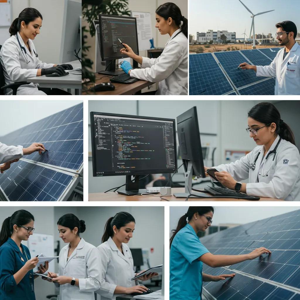 Collage of professionals in high-demand careers in Pakistan, including IT, healthcare, and renewable energy