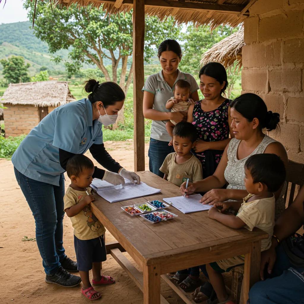 Community health worker assisting families in a rural area, representing the transformative impact of social welfare programs in Pakistan