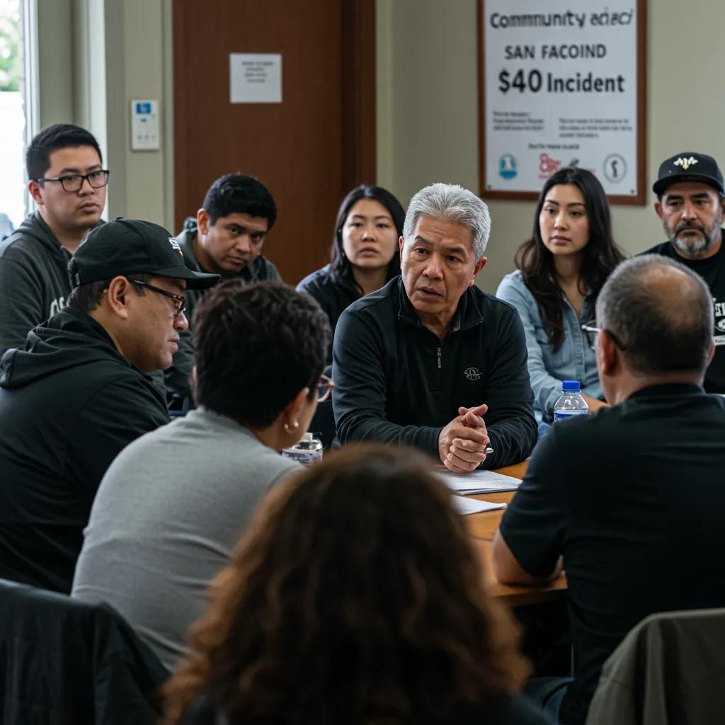 Community meeting discussing reactions to the $40 incident in San Francisco