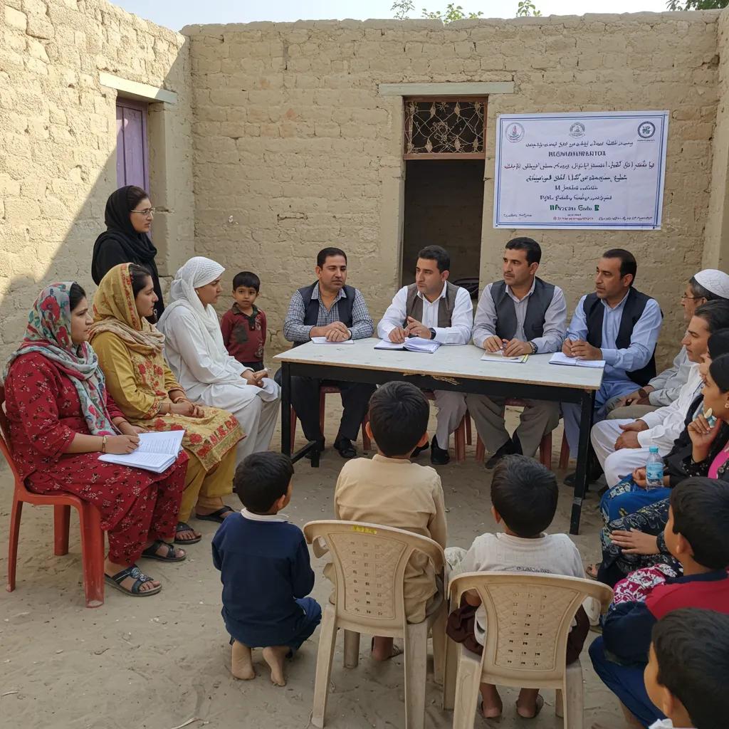 Community members discussing education initiatives in a rural setting, showcasing local engagement in schooling