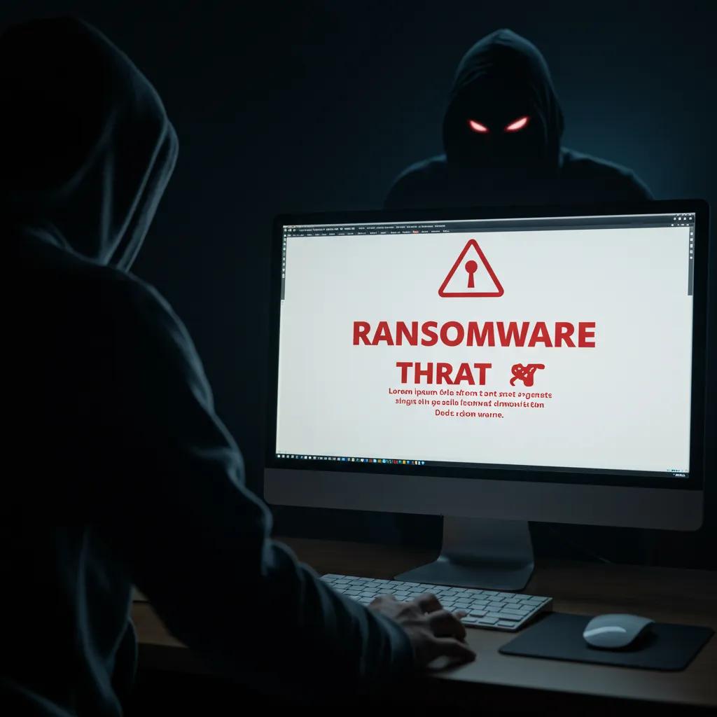 Computer screen with ransomware warning and shadowy figure representing cybercriminals