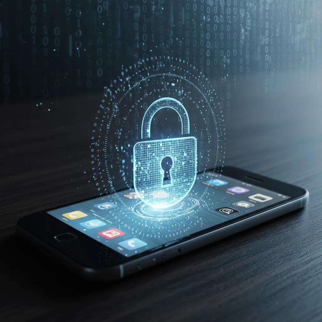 Conceptual image of mobile app security with a smartphone and digital lock