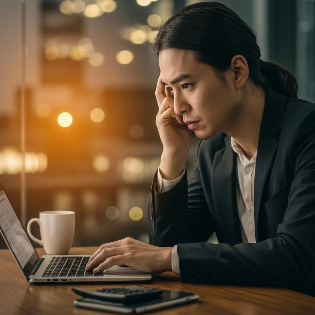 Concerned individual reviewing financial statements on a laptop in a corporate environment