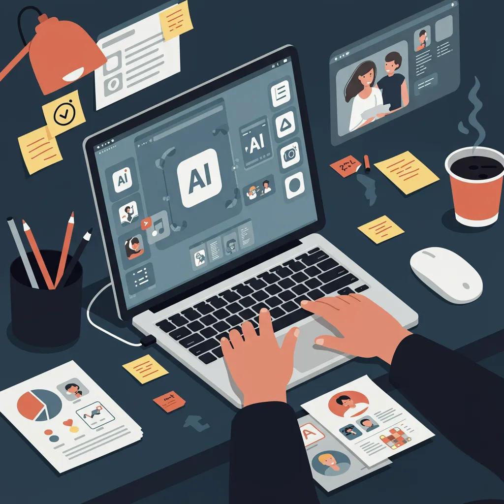 Content creator using AI tools for social media content generation in a modern workspace