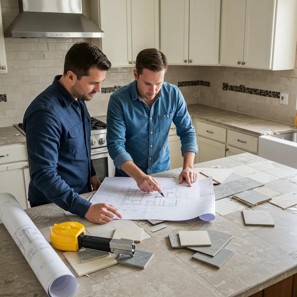 Contractor and homeowner discussing kitchen renovation plans with materials displayed