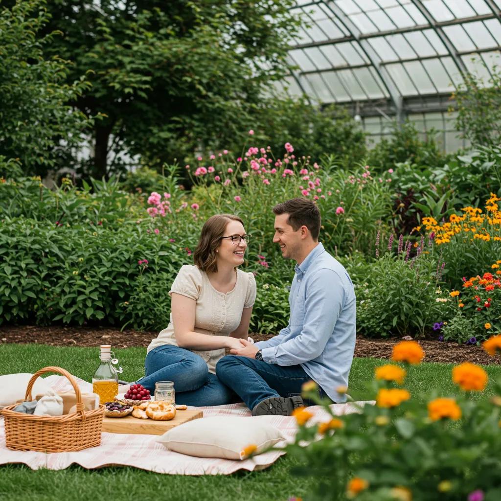Couple on a first date in a botanical garden, enjoying a picnic and sharing a light moment