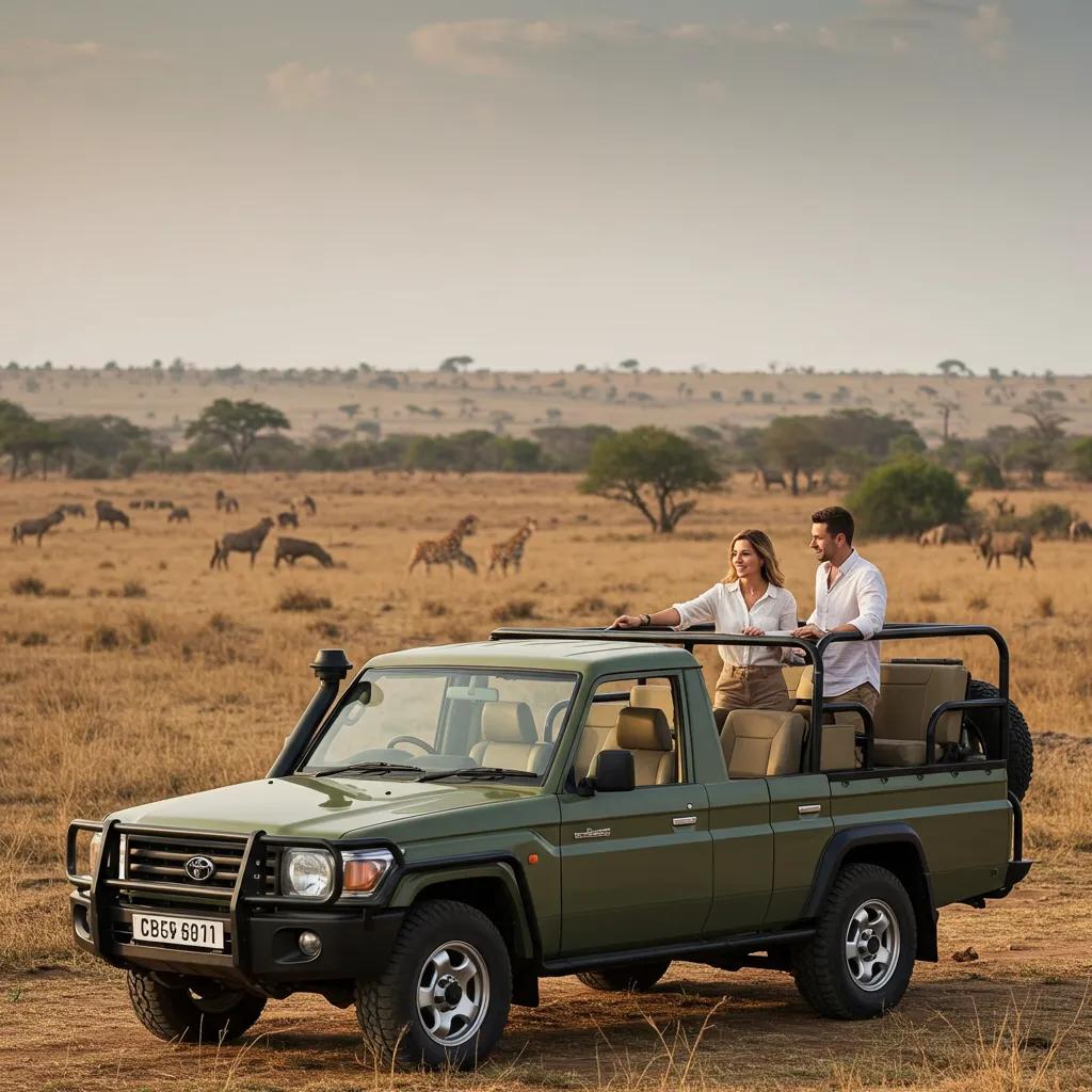 Couple on a private safari game drive, highlighting exclusive wildlife experiences in luxury travel